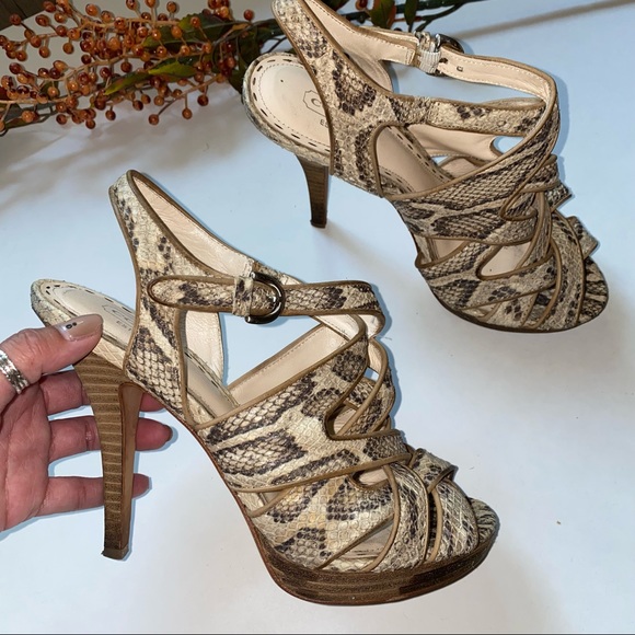 Coach Shoes - COACH tan and snakeskin print strappy sandal heel